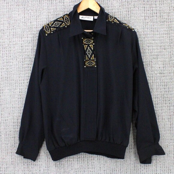 YVES ST. CLAIR Shirt Women Sz 14 Black Vintage Button Front Western Embroidered - Picture 1 of 9